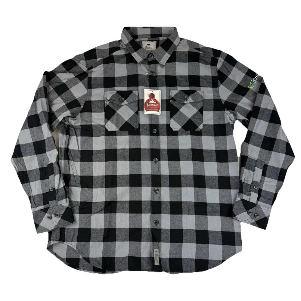 Roots 73 Spruce Lake Company Logo Plaid Flannel Shirt Men's XL Gray Black NWT‎
